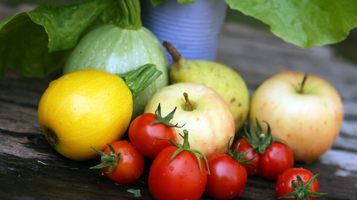 Close up of harvested vegetables and fruit.